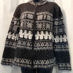 Vtg Silk & Angora Zip‎ Cardigan Sweater Jacket Womens Nordic Fair Isle Snowmen